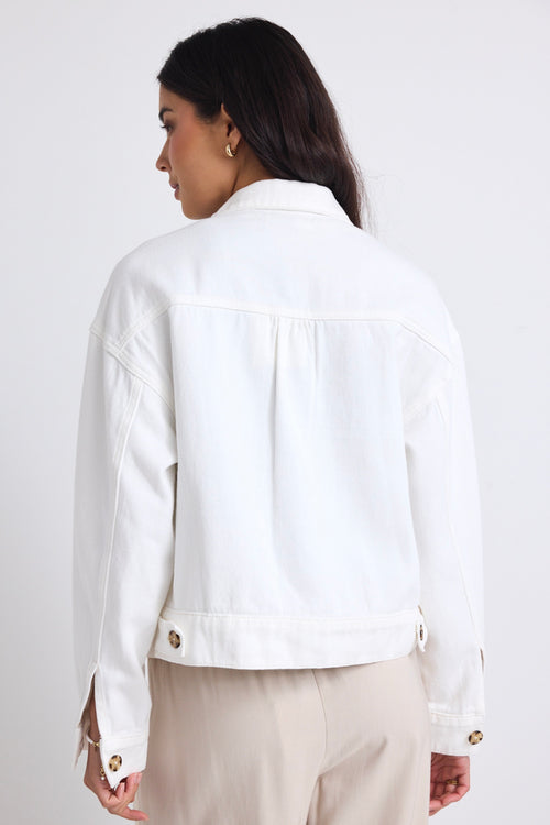 model wears a white jacket