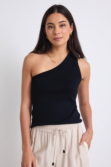 model wears a black one shoulder top