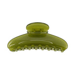 A translucent olive green hair claw clip on a solid white background.