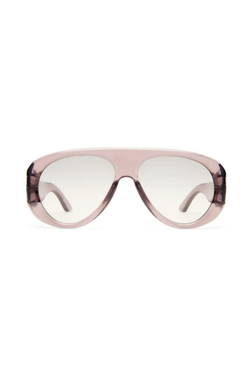 Aviator-style sunglasses with a translucent dusty pink frame and light gray lenses, shown against a plain white background.