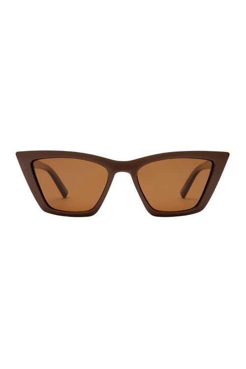 A pair of cat-eye sunglasses with a dark brown acetate frame and warm brown tinted lenses, shown against a plain white background.