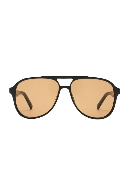 A pair of aviator-style sunglasses with a matte black frame and warm amber-tinted lenses, shown against a plain white background.