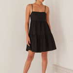 Cosmos Black Linen Cotton Strappy Tie Back Tiered Mini Dress WW Dress Among the Brave   