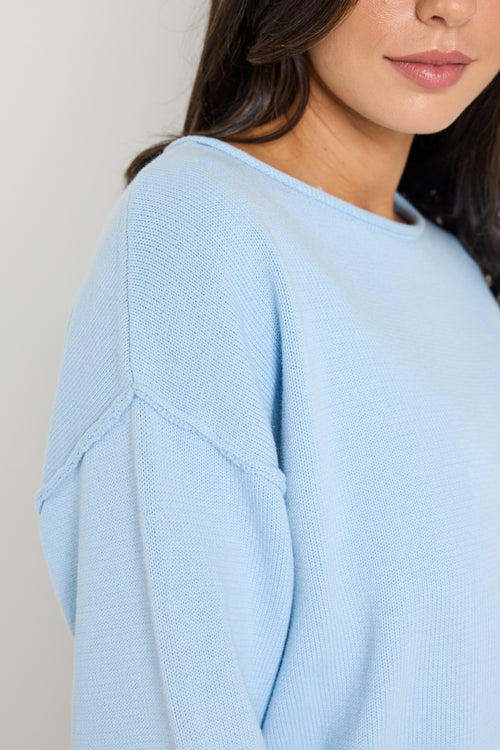 Model wears ice blue knit top