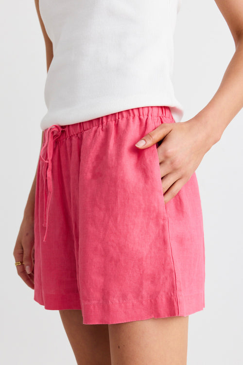 model wears a pink linen short