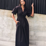 Dusk Black Puff Short Sleeve Collared Maxi Dress