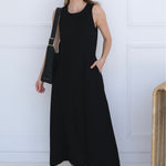 Easygoing Black Linen Blend Sleeveless Crew Neck Midi Dress