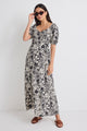 Endearing Cream & Black Floral Smocked Bodice SS Midi Dress