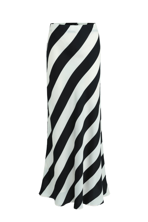 Black White Stripe Satin Bias Maxi Skirt