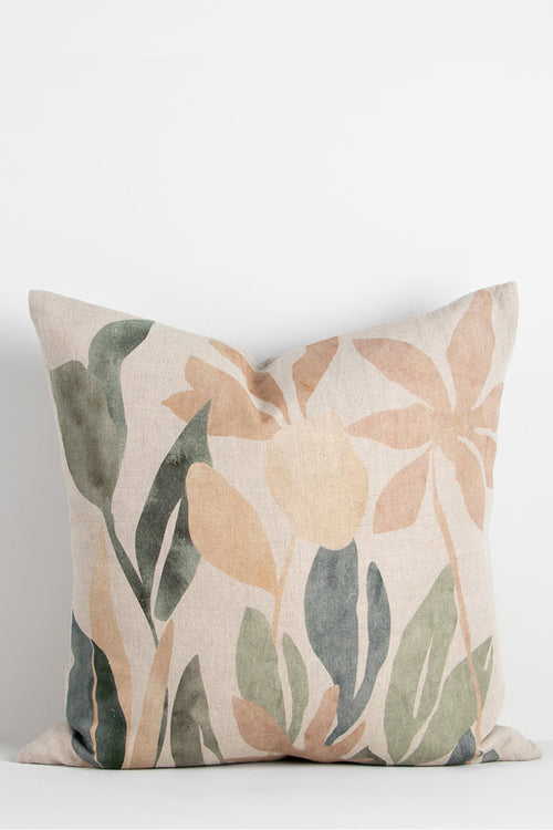 Beige Linen Floral Cushion