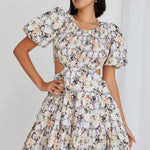 Hailey Black Floral Shirred Cotton Puff Ss Waist Cut Out Tiered Mini Dress WW Dress Ivy + Jack   