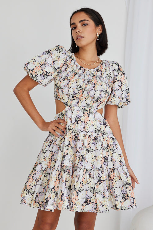 Hailey Black Floral Shirred Cotton Puff Ss Waist Cut Out Tiered Mini Dress WW Dress Ivy + Jack   