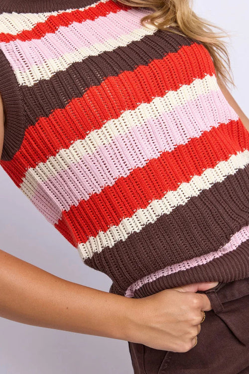 A close-up of a sleeveless ribbed knit top with horizontal stripes in brown, red, cream, and light pink, worn by a model.