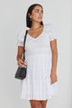 Heidi White Shirred Cotton SS V Neck Shirred Bodice Mini Dress