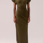 model wears a olive green ruched dress