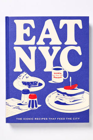 Book titled 'EAT NYC' with blue cover and white text on a white background