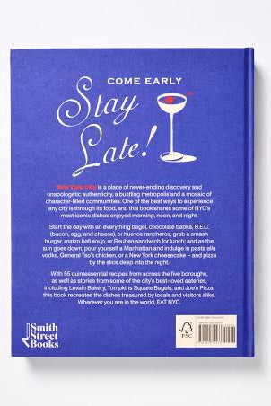 The back cover of a blue book titled 'Come Early Stay Late!' by Smith Beach Books, displayed against a clean white background.