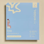 A square light blue product box for 'mywrinkles Eyes' skincare, featuring a minimalist illustration of a woman's face and abstract cream-colored lines, set against a solid beige background.