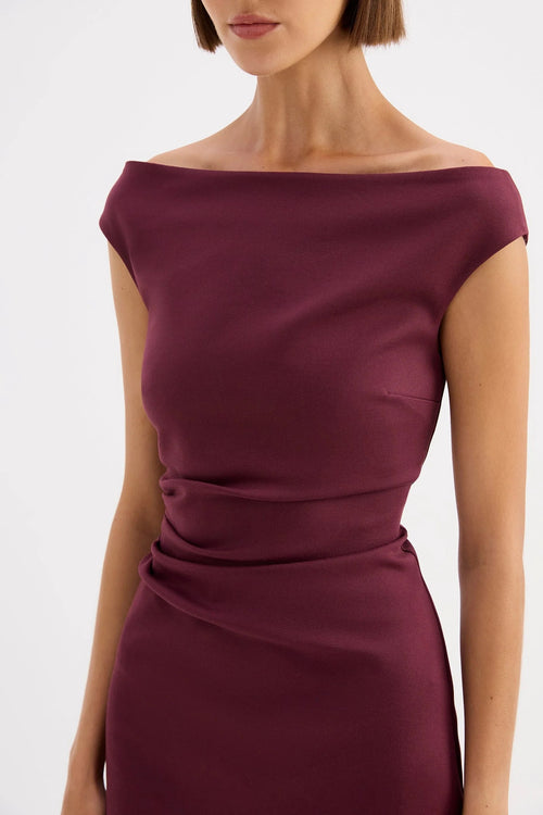 Maroon off-shoulder dress on a white background
