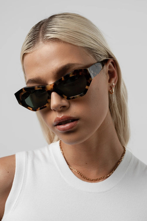 Woman wearing tortoiseshell sunglasses and a white top against a plain background