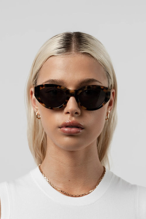 Person wearing dark sunglasses and a white top on a light gray background