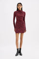 Clementine Berry Print Ruched Side LS Mesh Mini Dress