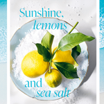 Book cover for 'Sunshine, lemons and sea salt' by donna hay, featuring a central photograph of lemons and sea salt with blue text, set against a turquoise and white beach-themed background.