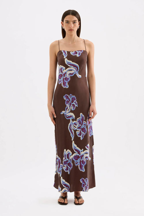 Brown floral maxi slip dress with thin straps, featuring a blue and cream abstract floral print and a straight neckline.