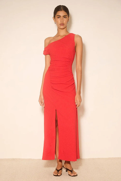 woman wearing red maxi dress off shoulder