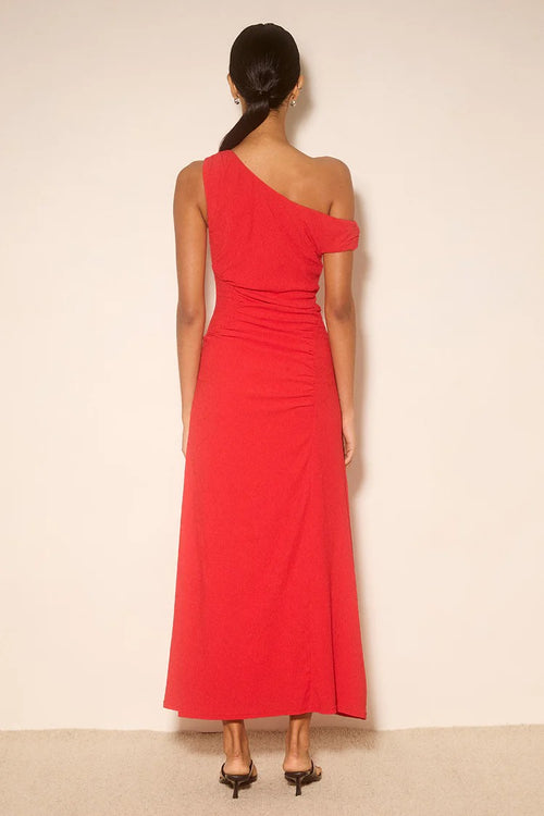 woman wearing red maxi dress off shoulder