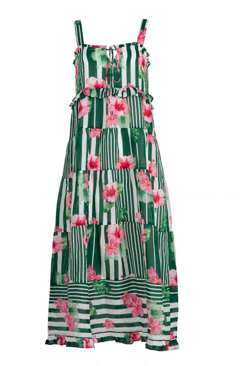 Top Tier Pink Green Stripe Floral Strappy Maxi Dress