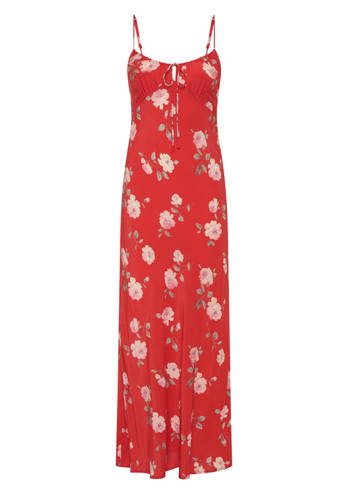 Woman wears a red floral strappy maxi dress