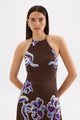 Azalea Brown Floral Cupro Waist Tie Sleeveless Mini Dress