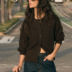 Woman in a brown cardigan and sunglasses standing on a street.