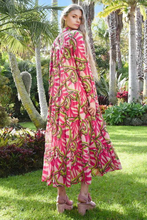 Sun & Swoon Pink Swirl Print LS Maxi Dress