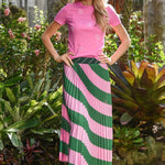 Pleat & Repeat Pink Green Stripe Midi Skirt