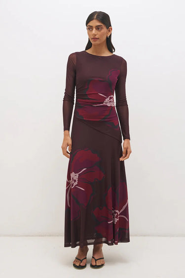 Lima Cherry Floral LS Mesh Maxi Dress