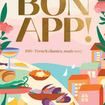 Book cover of 'Bon App!' with illustrations of food and a cityscape.