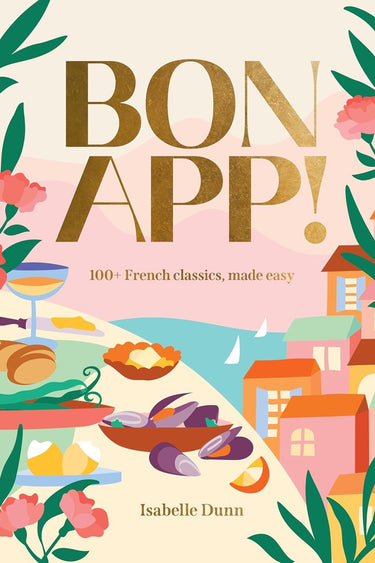 Book cover of 'Bon App!' with illustrations of food and a cityscape.