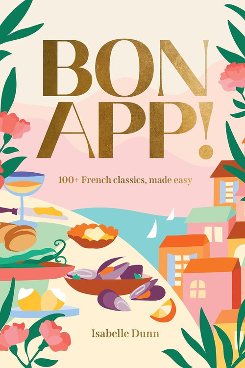 Book cover of 'Bon App!' with illustrations of food and a cityscape.