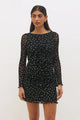 Vesper Black Polka Dot Front Gather Mesh LS Mini Dress