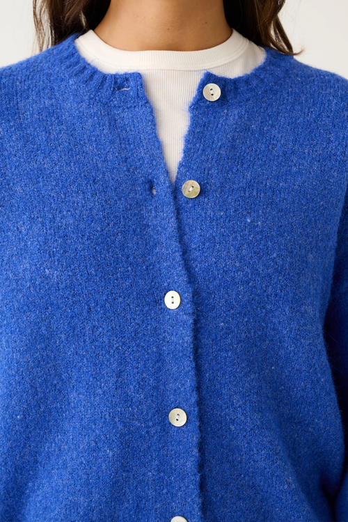 Blue cardigan with white buttons worn by a person, on a plain background