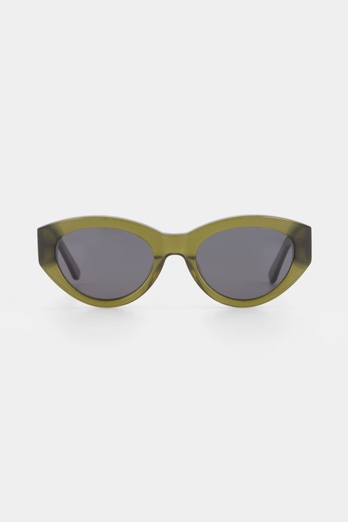 Sunglasses with green frame and dark lenses on a white background