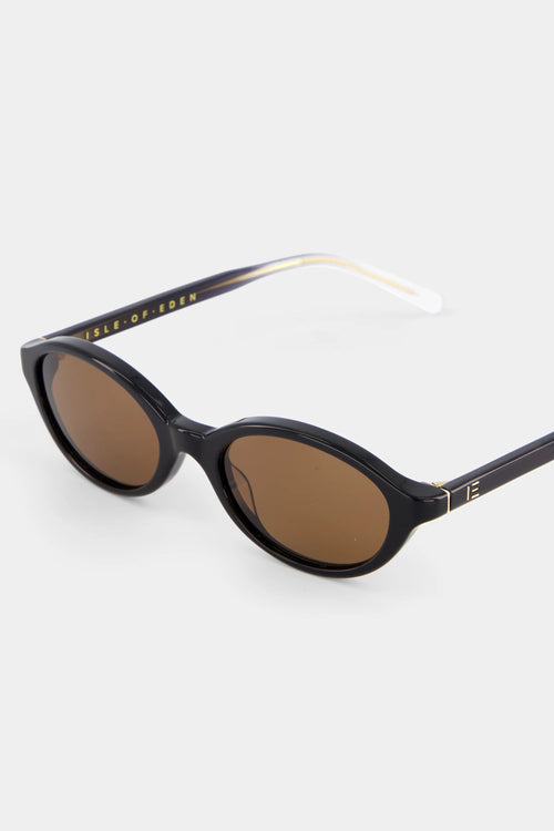 Black sunglasses with brown lenses on a white background