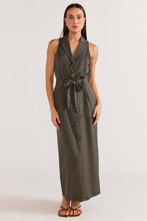 model wears a khaki midi dress