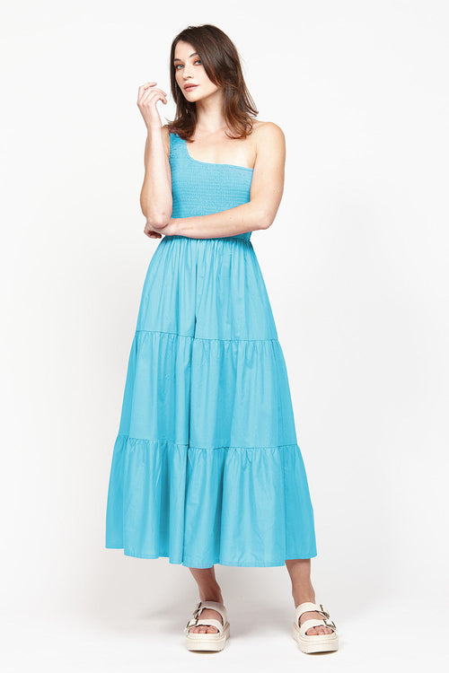 Leah Blue Tiered One Shoulder Midi Dress WW Dress Leo + Be   