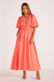 Lila Coral V Neck Puff Sleeve Midi Dress