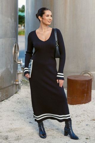 Main Black Stripe LS V Neck Maxi Knit Dress