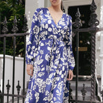 Resonance Blue Floral Satin LS Wrap Maxi Dress