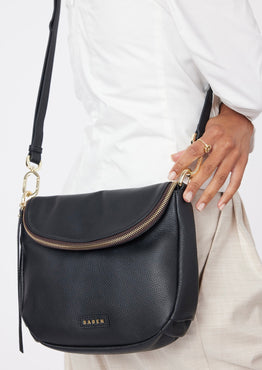 FiFi Black Fold Over Leather Shoulder Bag